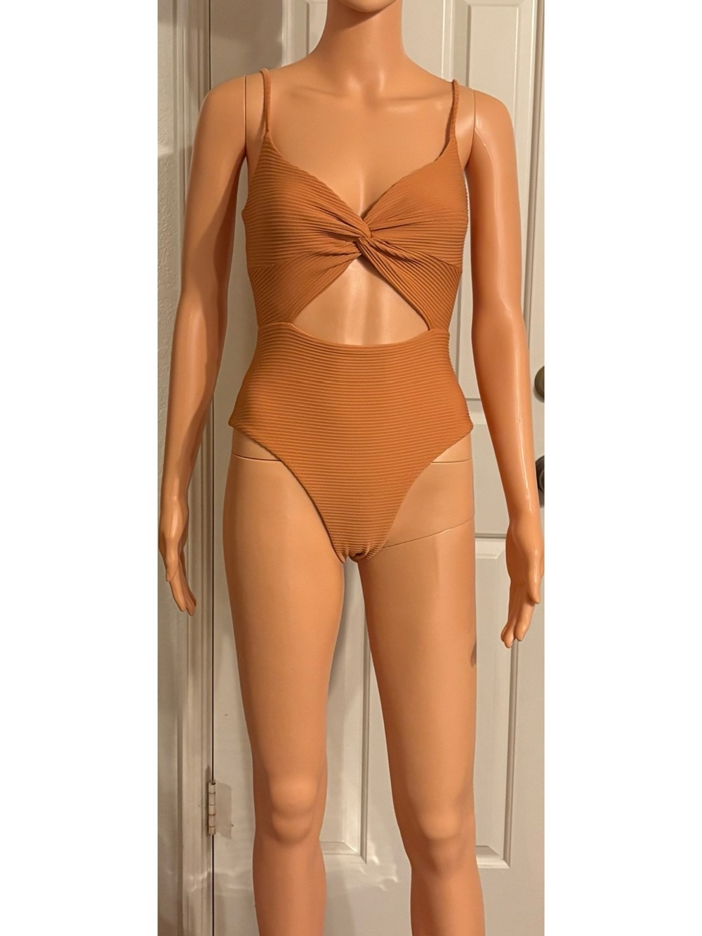 Ribbed Twist Front Cutout One-Piece Swimsuit - Camel. Worn Once